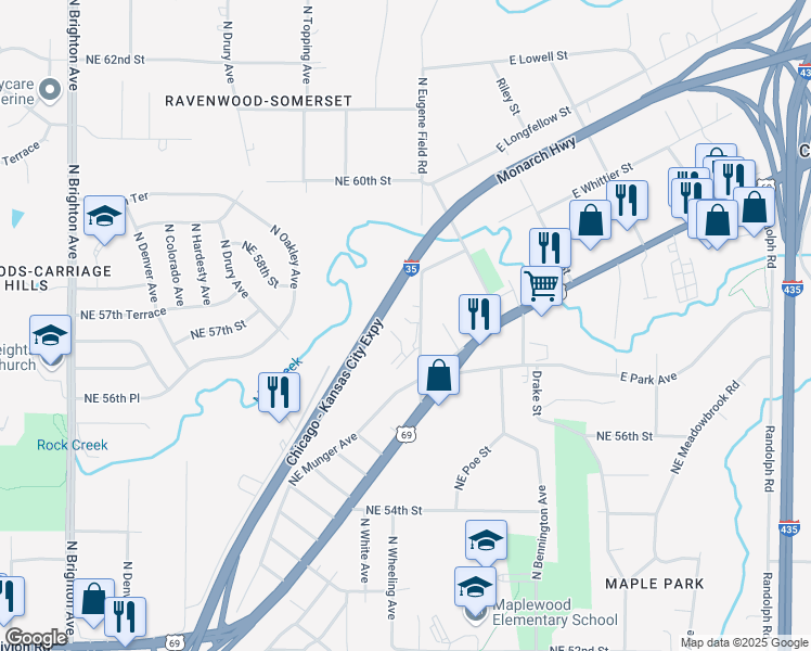map of restaurants, bars, coffee shops, grocery stores, and more near 5700 North Eugene Field Road in Kansas City