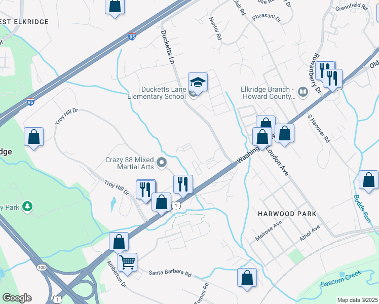 map of restaurants, bars, coffee shops, grocery stores, and more near 7088 Ducketts Lane in Elkridge