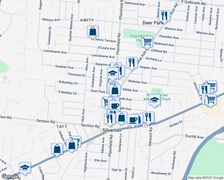map of restaurants, bars, coffee shops, grocery stores, and more near 7121 Plainfield Road in Cincinnati