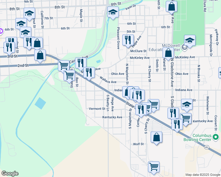 map of restaurants, bars, coffee shops, grocery stores, and more near 1912 Indiana Avenue in Columbus