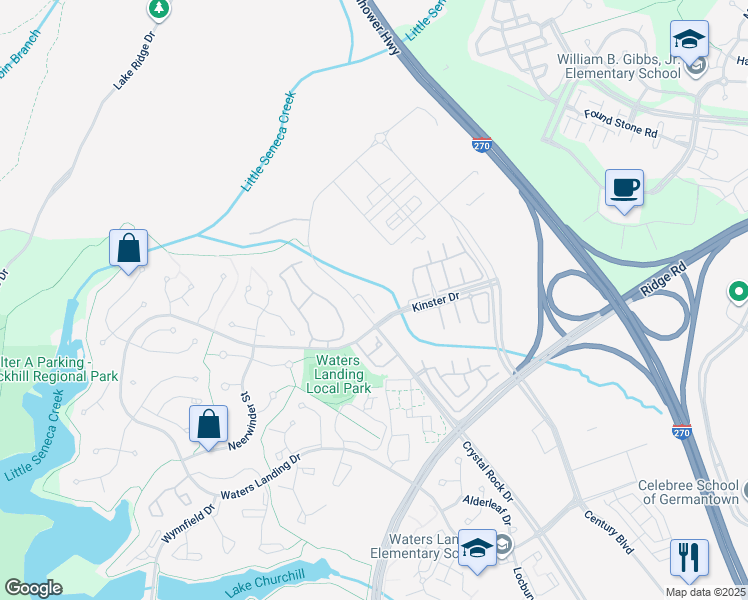 map of restaurants, bars, coffee shops, grocery stores, and more near 13203 Astoria Hill Court in Germantown