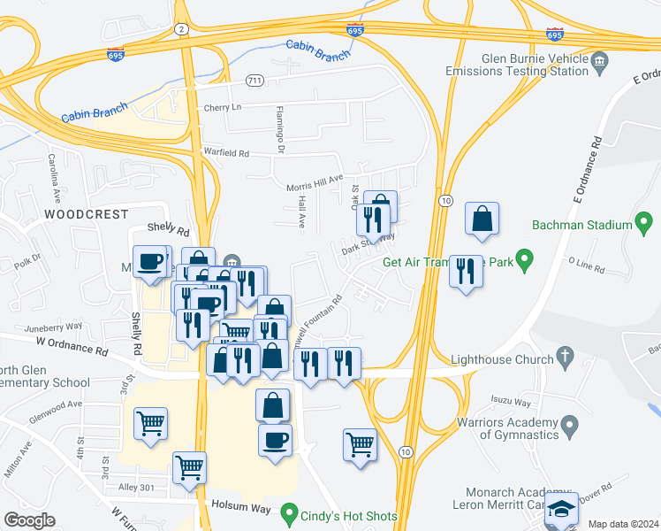 map of restaurants, bars, coffee shops, grocery stores, and more near 6603 Rapid Water Way in Glen Burnie