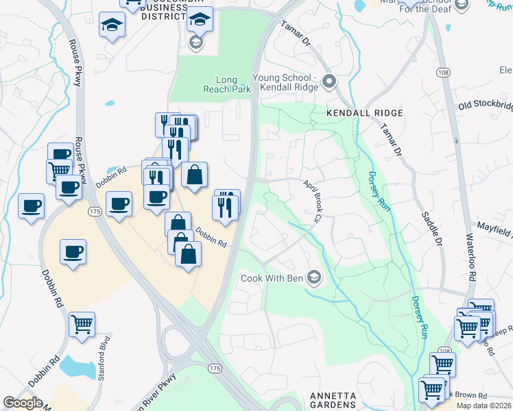 map of restaurants, bars, coffee shops, grocery stores, and more near 6380 Gray Sea Way in Columbia