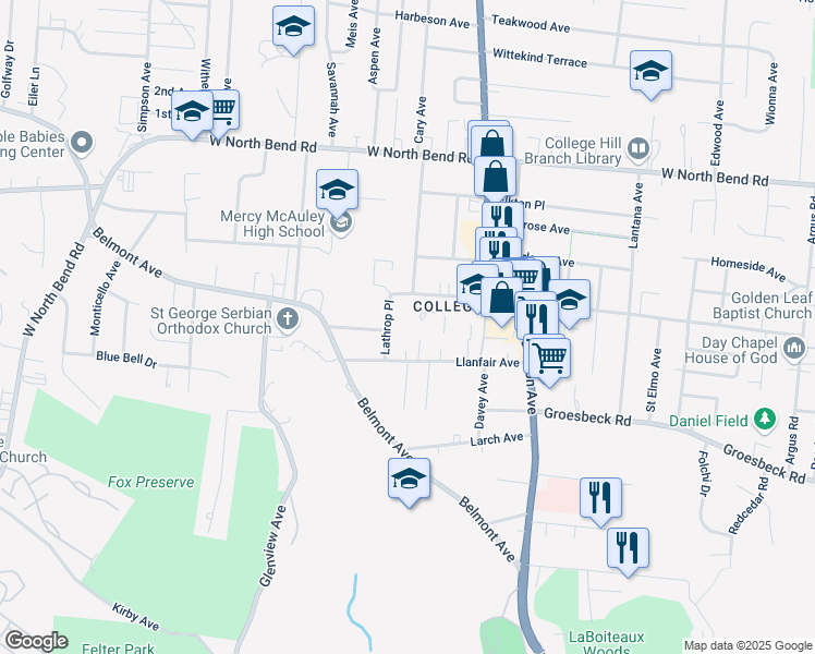 map of restaurants, bars, coffee shops, grocery stores, and more near 1673 Cedar Avenue in Cincinnati