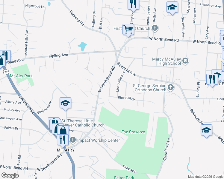 map of restaurants, bars, coffee shops, grocery stores, and more near 5940 Thornhill Avenue in Cincinnati