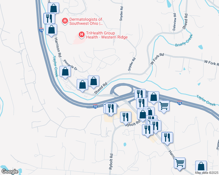 map of restaurants, bars, coffee shops, grocery stores, and more near 6714 Harrison Avenue in Cincinnati