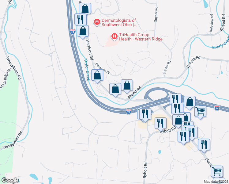 map of restaurants, bars, coffee shops, grocery stores, and more near 6801 Harrison Avenue in Cincinnati