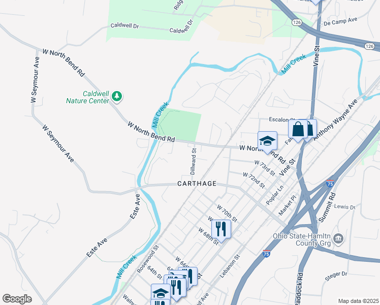 map of restaurants, bars, coffee shops, grocery stores, and more near 7153 Dillward Avenue in Cincinnati