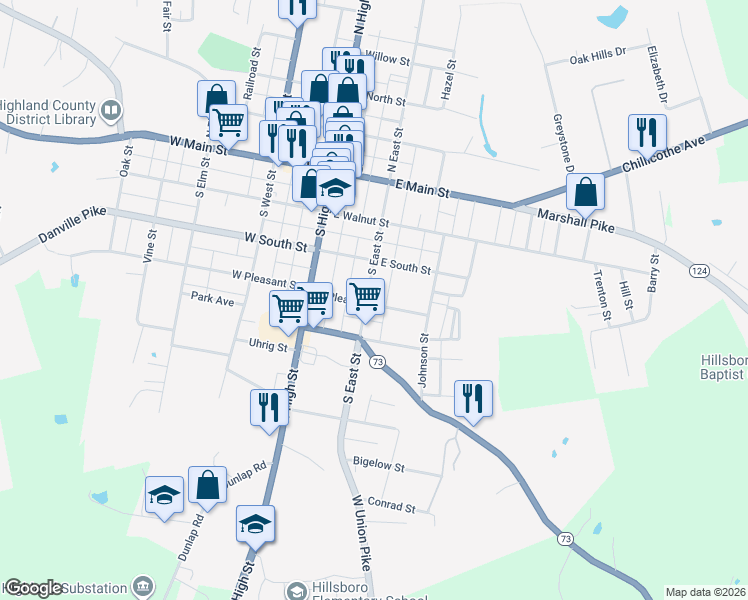 map of restaurants, bars, coffee shops, grocery stores, and more near 344 South East Street in Hillsboro