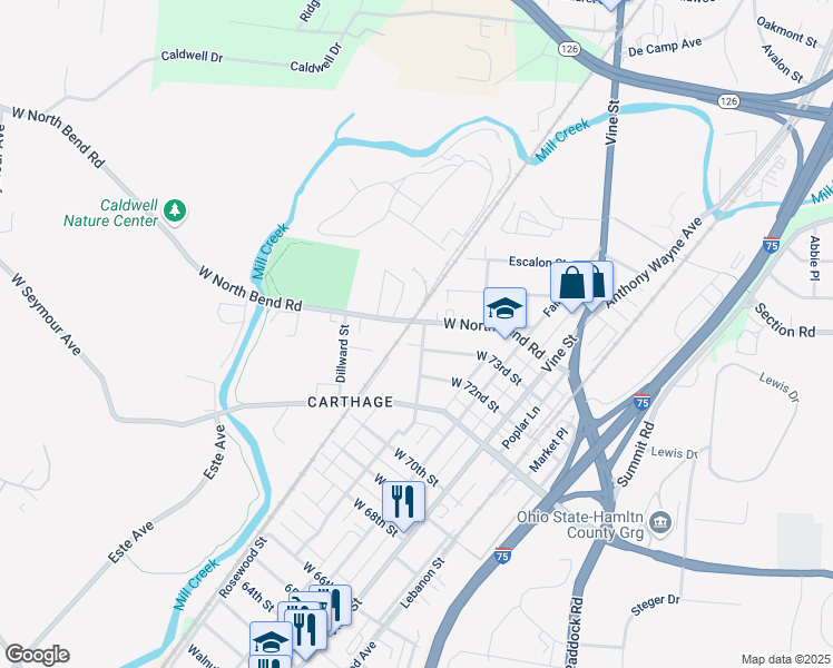 map of restaurants, bars, coffee shops, grocery stores, and more near 7309 Van Kirk Avenue in Cincinnati