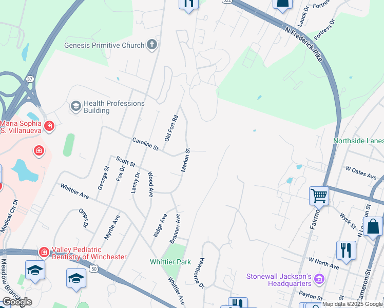 map of restaurants, bars, coffee shops, grocery stores, and more near 1013 Caroline Street in Winchester
