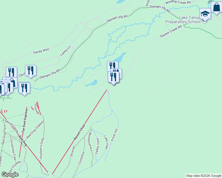 map of restaurants, bars, coffee shops, grocery stores, and more near 400 Squaw Creek Road in Placer County