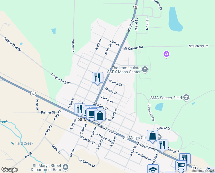 map of restaurants, bars, coffee shops, grocery stores, and more near 508 North 5th Street in Saint Marys