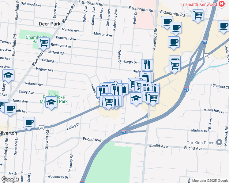 map of restaurants, bars, coffee shops, grocery stores, and more near 7222 Chetbert Drive in Cincinnati