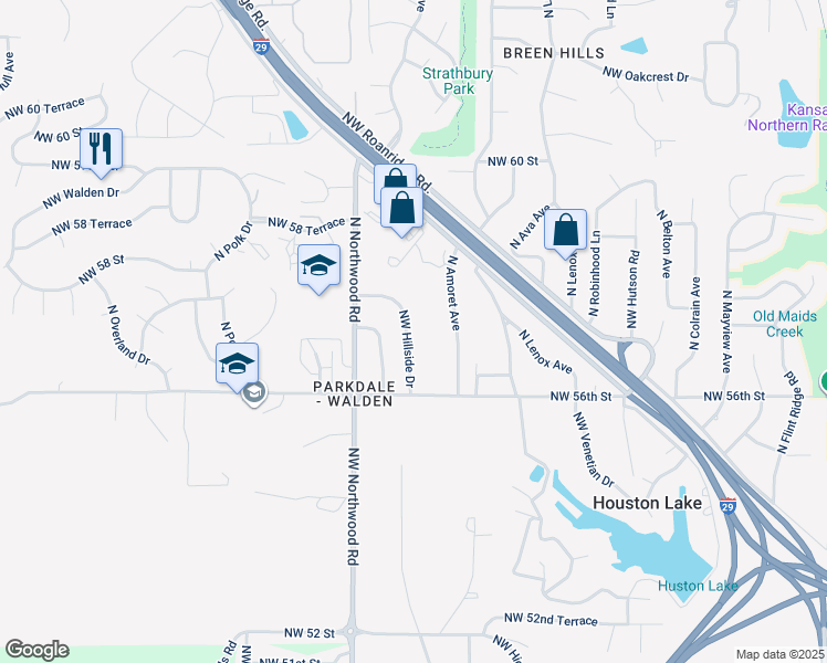map of restaurants, bars, coffee shops, grocery stores, and more near 5701 Northwest Hillside Drive in Kansas City
