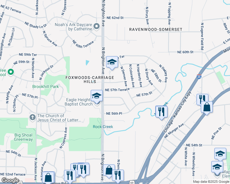 map of restaurants, bars, coffee shops, grocery stores, and more near 5025 Northeast 57th Terrace in Kansas City