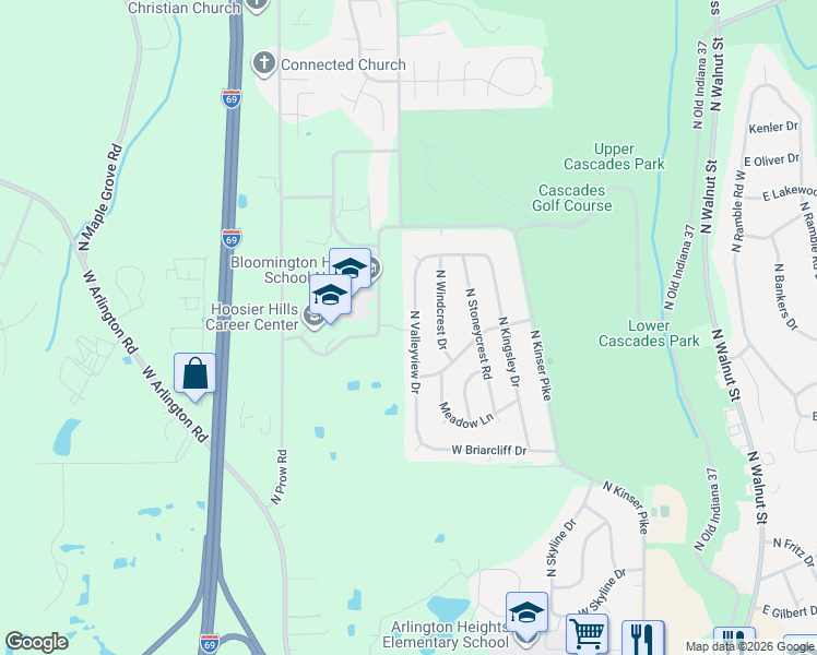 map of restaurants, bars, coffee shops, grocery stores, and more near 3401 North Valleyview Drive in Bloomington