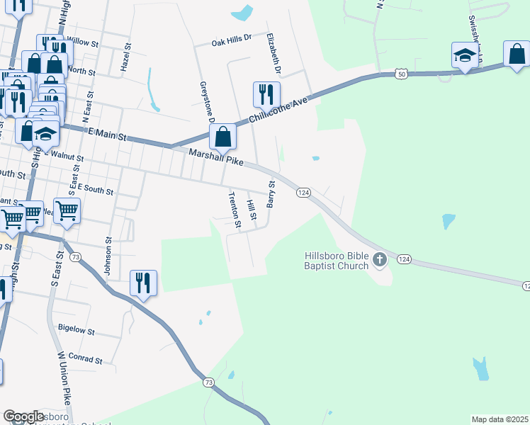 map of restaurants, bars, coffee shops, grocery stores, and more near 227 Barry Street in Hillsboro