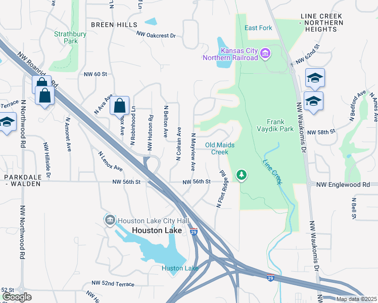 map of restaurants, bars, coffee shops, grocery stores, and more near 5629 North Mayview Avenue in Kansas City