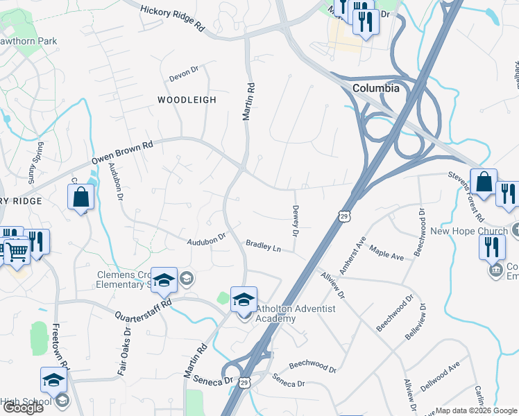 map of restaurants, bars, coffee shops, grocery stores, and more near 10222 Macgill Avenue in Columbia