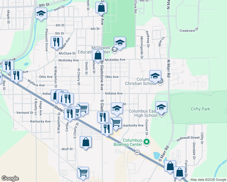 map of restaurants, bars, coffee shops, grocery stores, and more near 2712 Indiana Avenue in Columbus