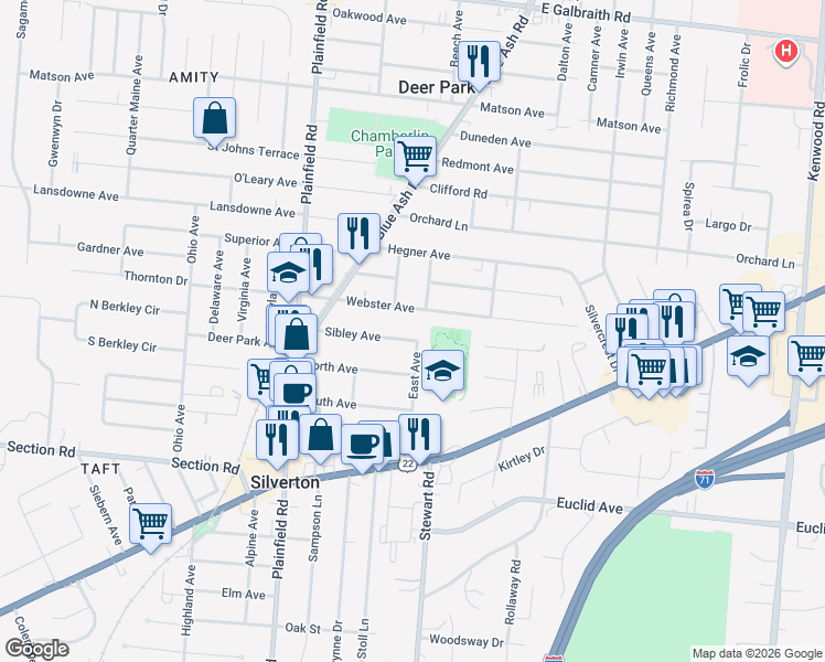 map of restaurants, bars, coffee shops, grocery stores, and more near 4244 Sibley Avenue in Cincinnati