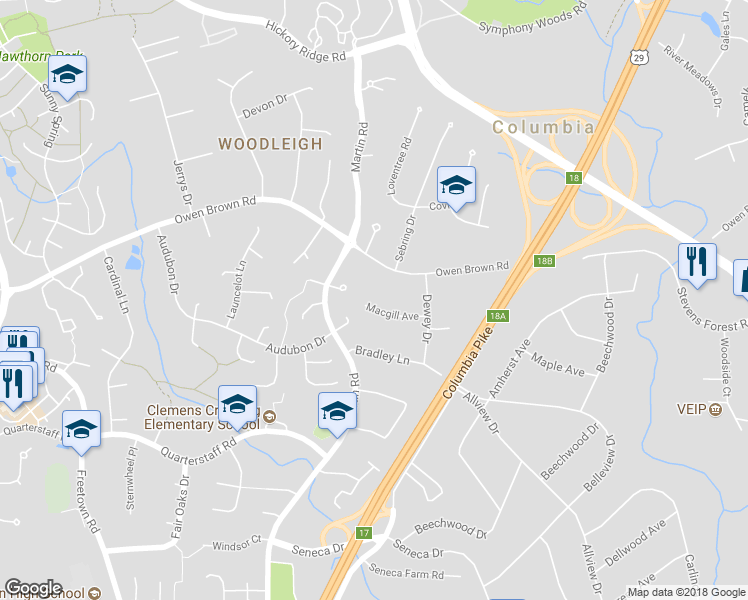 map of restaurants, bars, coffee shops, grocery stores, and more near 10222 Macgill Avenue in Columbia
