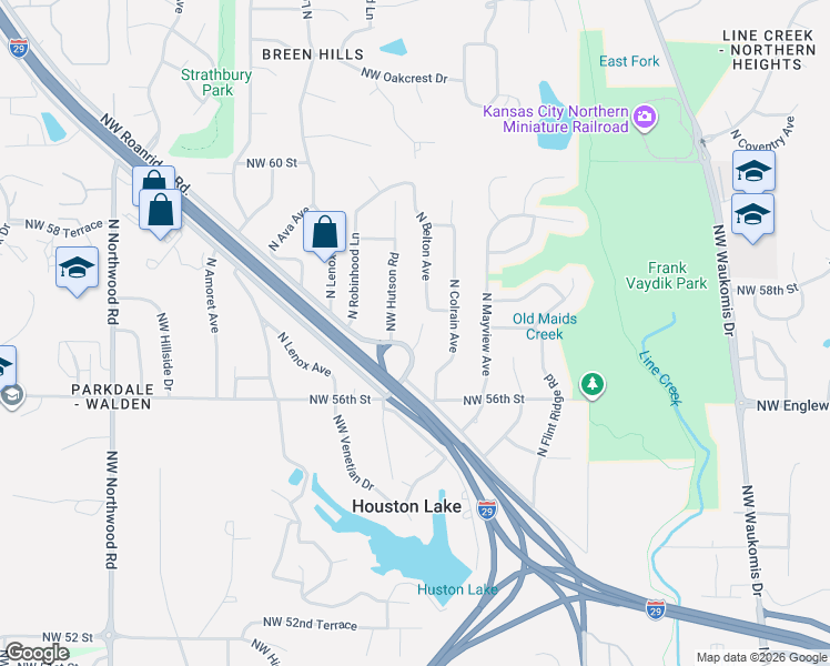 map of restaurants, bars, coffee shops, grocery stores, and more near 5712 Northwest Lilac Court in Kansas City
