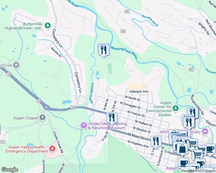 map of restaurants, bars, coffee shops, grocery stores, and more near 798 N 8th St in Aspen
