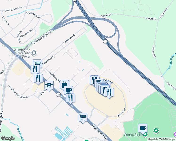 map of restaurants, bars, coffee shops, grocery stores, and more near 353 Rustic Lane in Dover
