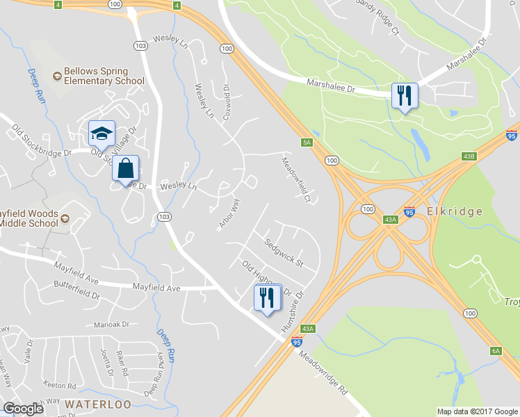 map of restaurants, bars, coffee shops, grocery stores, and more near 7484 Merrymaker Way in Elkridge