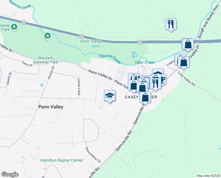 map of restaurants, bars, coffee shops, grocery stores, and more near 10399 Broken Oak Court in Penn Valley