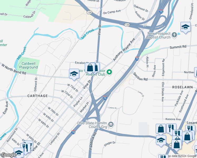 map of restaurants, bars, coffee shops, grocery stores, and more near 9 75th Street in Cincinnati