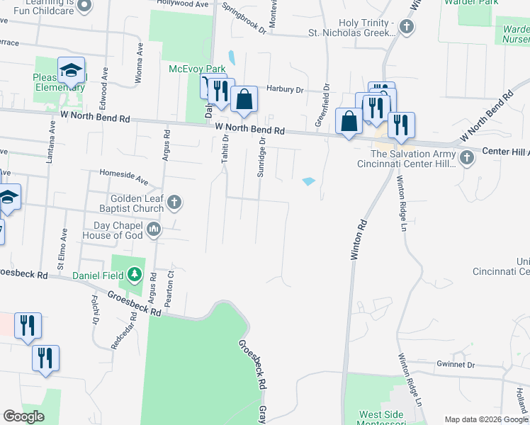 map of restaurants, bars, coffee shops, grocery stores, and more near 5977 Sunridge Drive in Cincinnati