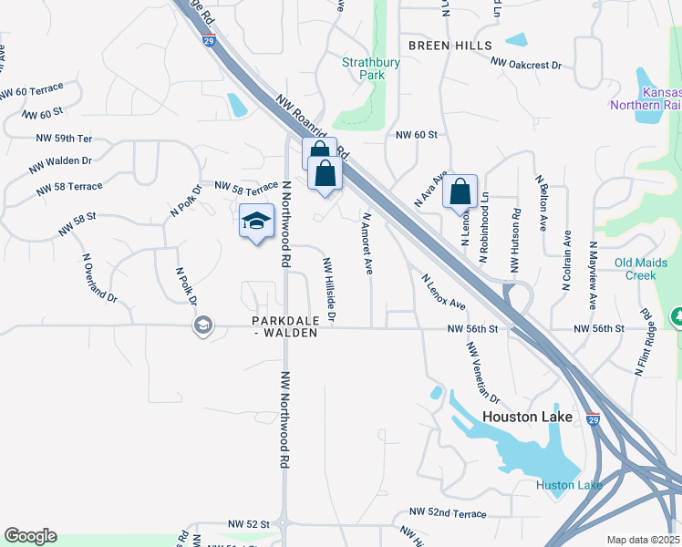 map of restaurants, bars, coffee shops, grocery stores, and more near 5701 Northwest Hillside Drive in Kansas City