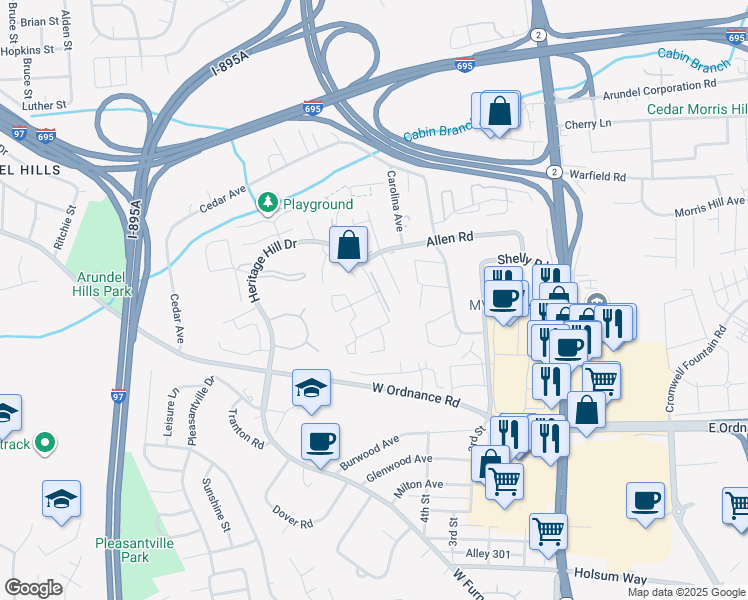 map of restaurants, bars, coffee shops, grocery stores, and more near 209 Polk Drive in Glen Burnie