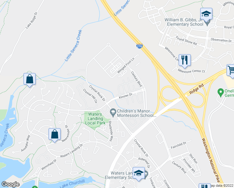 map of restaurants, bars, coffee shops, grocery stores, and more near 13123 Blossom Hill Way in Germantown