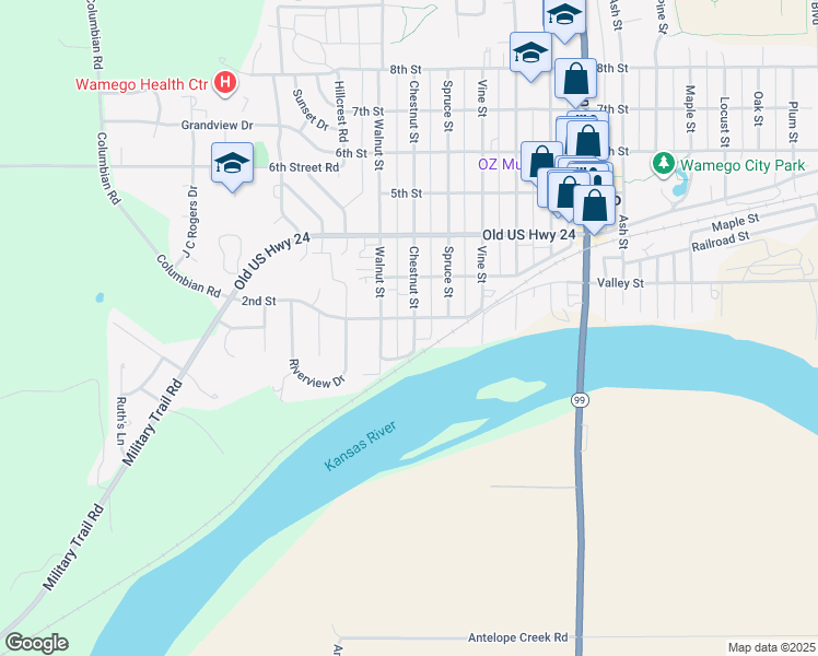 map of restaurants, bars, coffee shops, grocery stores, and more near 113 Chestnut St in Wamego