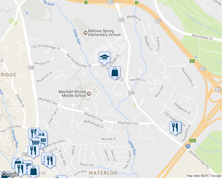 map of restaurants, bars, coffee shops, grocery stores, and more near 7684 Blueberry Hill Lane in Ellicott City
