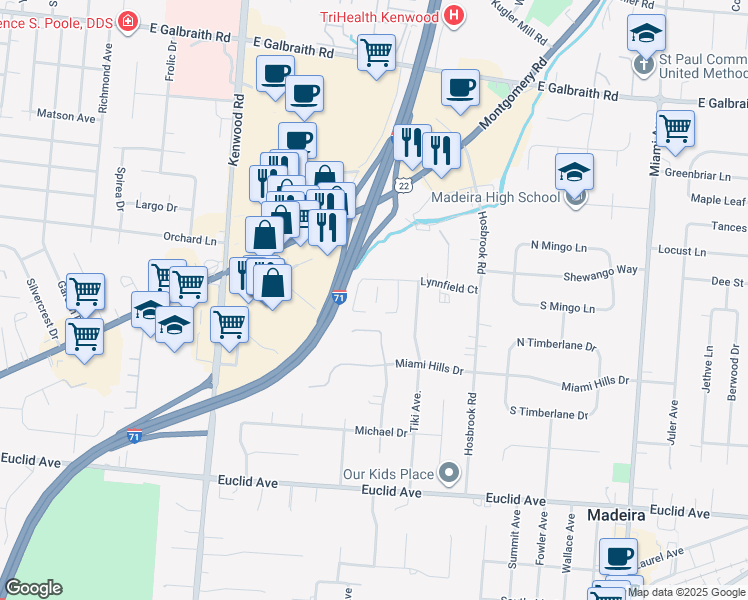 map of restaurants, bars, coffee shops, grocery stores, and more near 6899 Lynnfield Court in Cincinnati