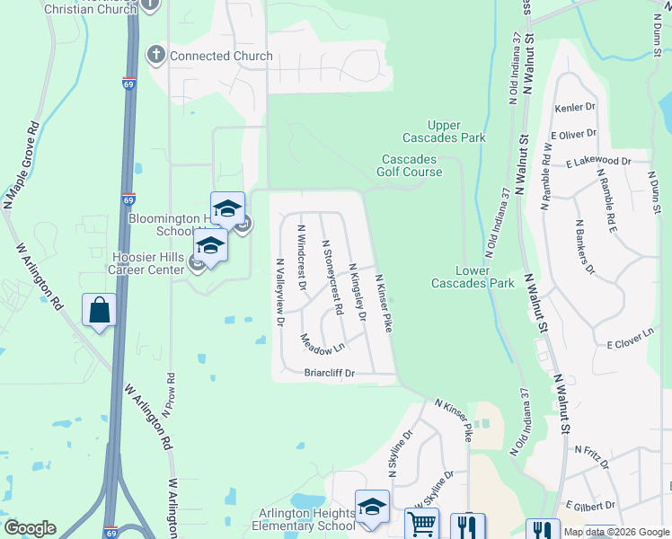 map of restaurants, bars, coffee shops, grocery stores, and more near 922 West Winding Way in Bloomington