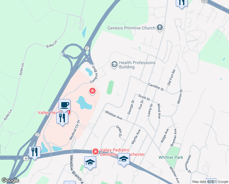 map of restaurants, bars, coffee shops, grocery stores, and more near 441 Linden Drive in Winchester