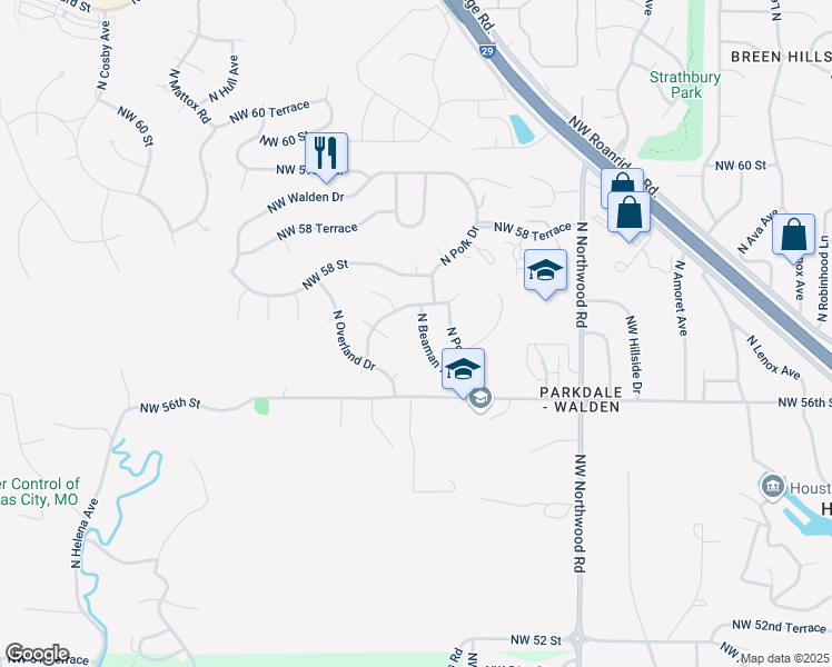 map of restaurants, bars, coffee shops, grocery stores, and more near 5732 North Beaman Avenue in Kansas City