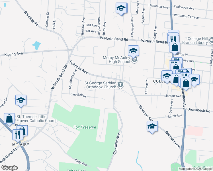map of restaurants, bars, coffee shops, grocery stores, and more near 5831 Glenview Avenue in Cincinnati