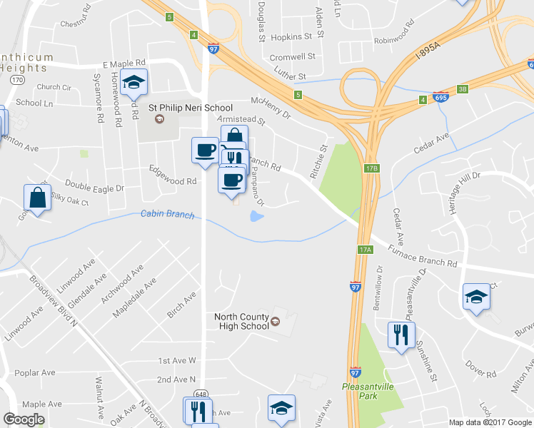 map of restaurants, bars, coffee shops, grocery stores, and more near 6540 Pampano Drive in Glen Burnie