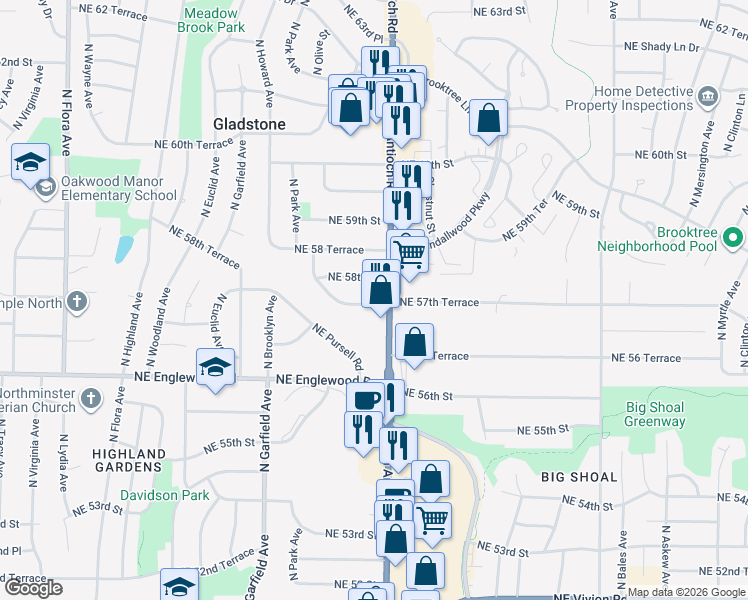 map of restaurants, bars, coffee shops, grocery stores, and more near 2504 Northeast 57th Terrace in Gladstone