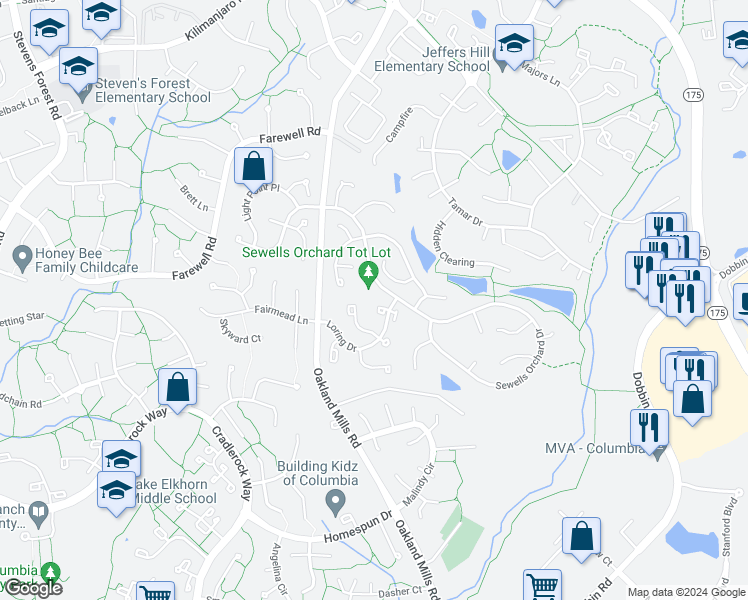 map of restaurants, bars, coffee shops, grocery stores, and more near 6316 Loring Drive in Columbia