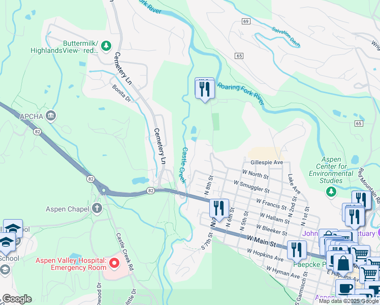 map of restaurants, bars, coffee shops, grocery stores, and more near 645 Sneaky Lane in Aspen