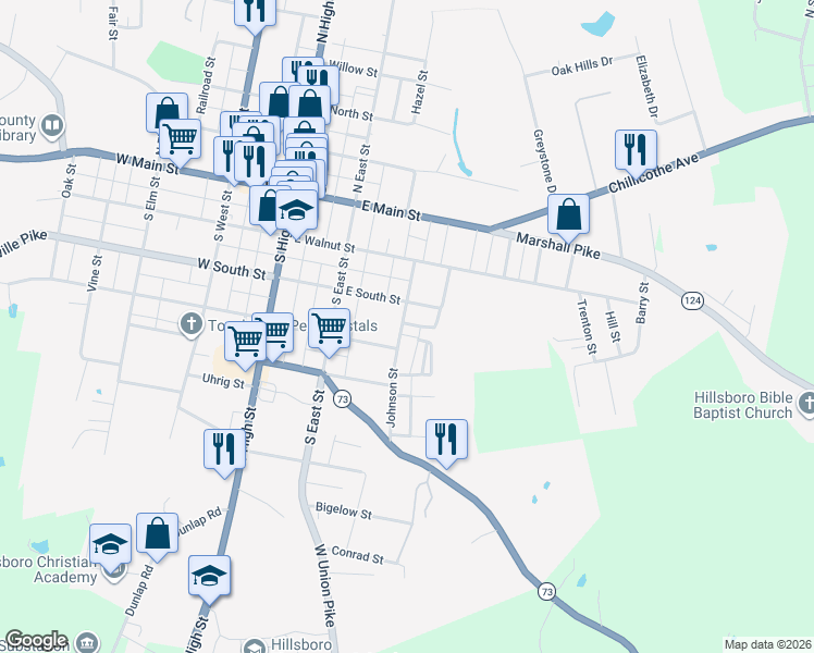 map of restaurants, bars, coffee shops, grocery stores, and more near 316 Johnson Street in Hillsboro