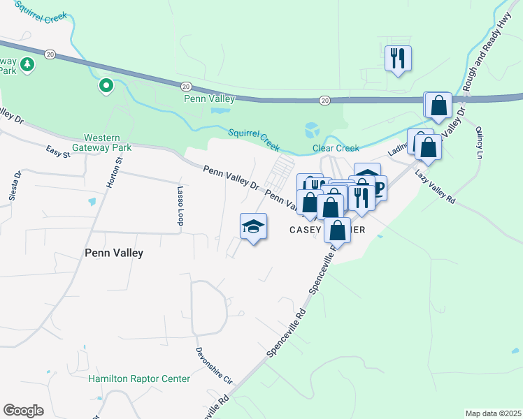 map of restaurants, bars, coffee shops, grocery stores, and more near 10399 Broken Oak Court in Penn Valley